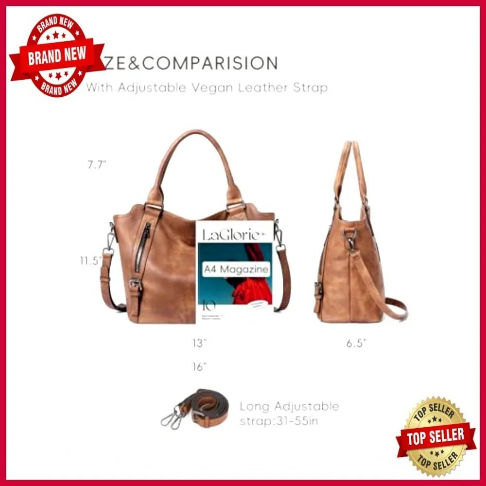 Large Vegan Leather Hobo Tote with Adjustable Strap, Multiple Pockets